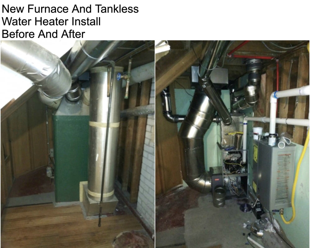 Before and after picture of new furnace and tankless water heater install.